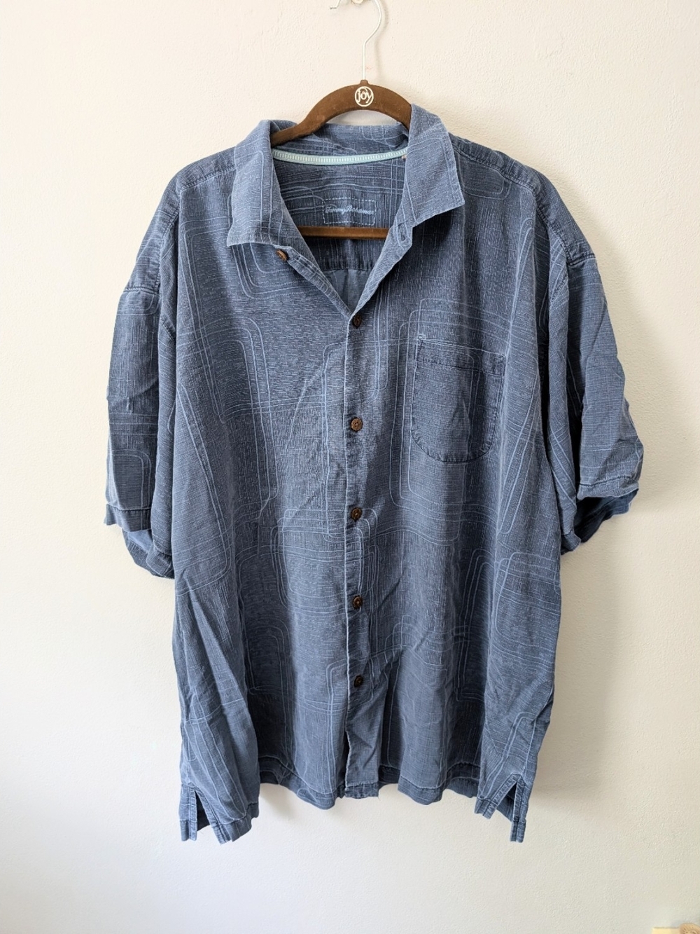 Tommy Bahama 100% Silk Textured Blue Button Down Short Sleeve Shirt Men's XXL
